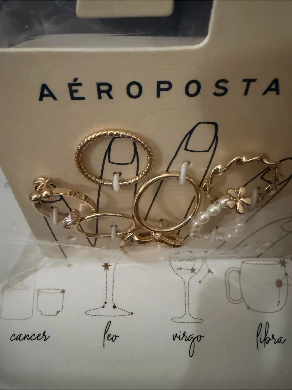 Aéropostale Gold Tone Faux Pearl Bow Cherry Solitaire Accent Ring Set - Size 8